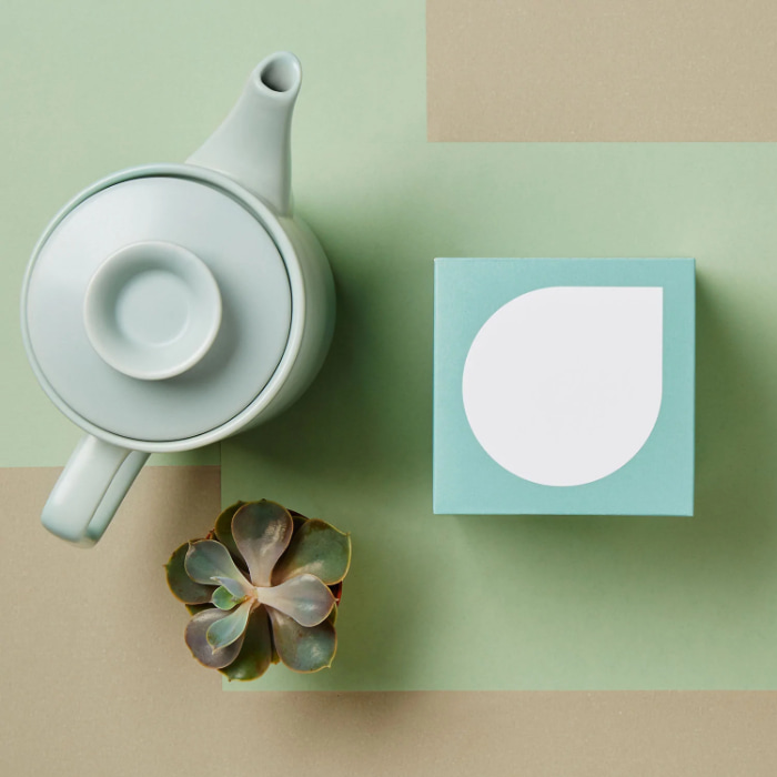 TeeTee in mintfarbener Verpackung, Teekanne, Blume und Löffel auf mintfarbenem Hintergrund in mintfarbener Verpackung, Teekanne, Blume und Löffel auf mintfarbenem Hintergrund