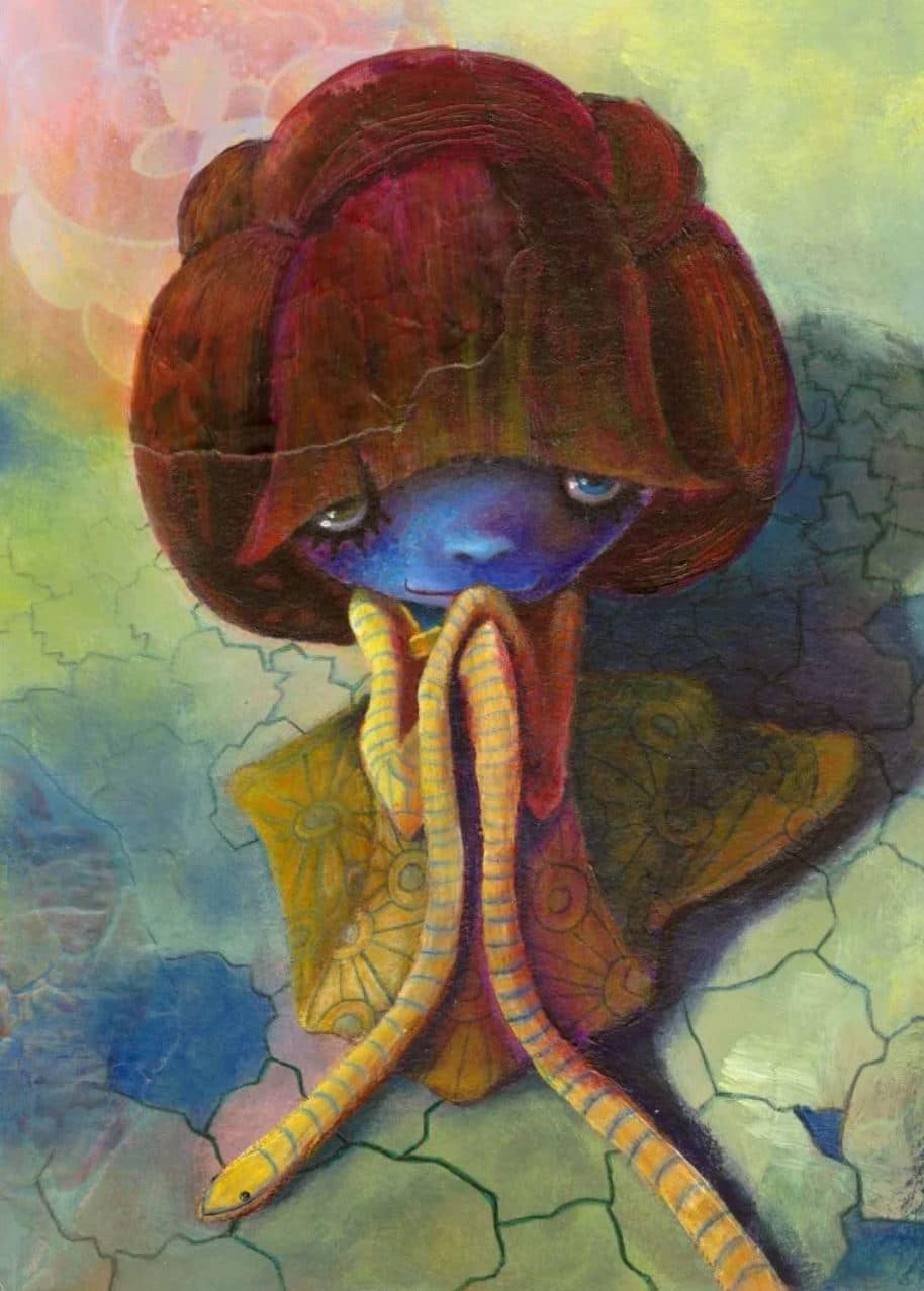 "Bunte surreale Kunstfigur mit melancholischem Ausdruck"